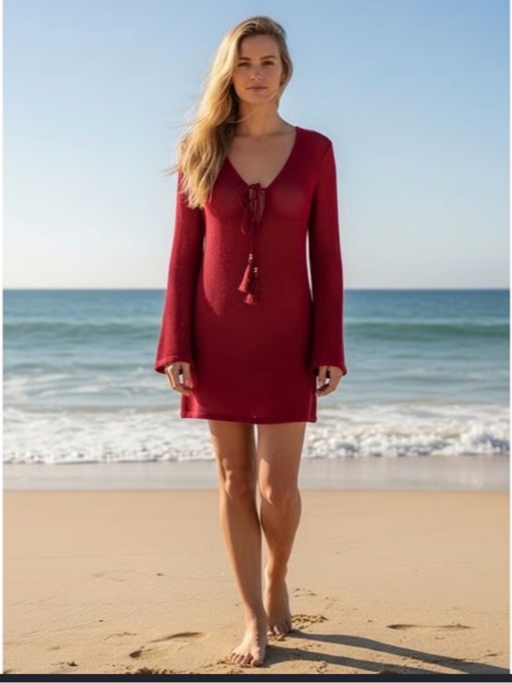 House of Harlow 1960 Red Open-Knit Tassel Tie Swim Cover-up or Tunic